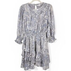 Storia Blue Grey Abstract Floral Ruffle Romantic Mini Dress Smocked Waist Large